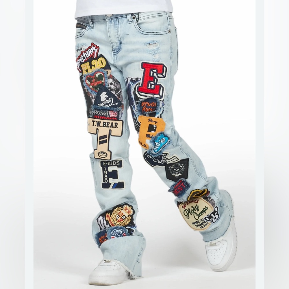 Rockstar Original • Espen • Blue • Flare Stacked Jeans • Patches